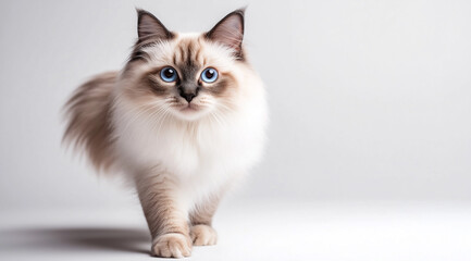 Fototapeta premium Elegant Ragdoll Cat with Blue Eyes Sitting on White Background – Fluffy and Adorable Pet Photography