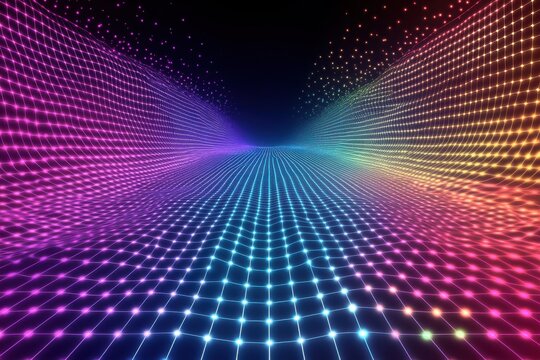 An abstract digital rendering of a glowing grid pattern with interconnected lines and dots on a dark background