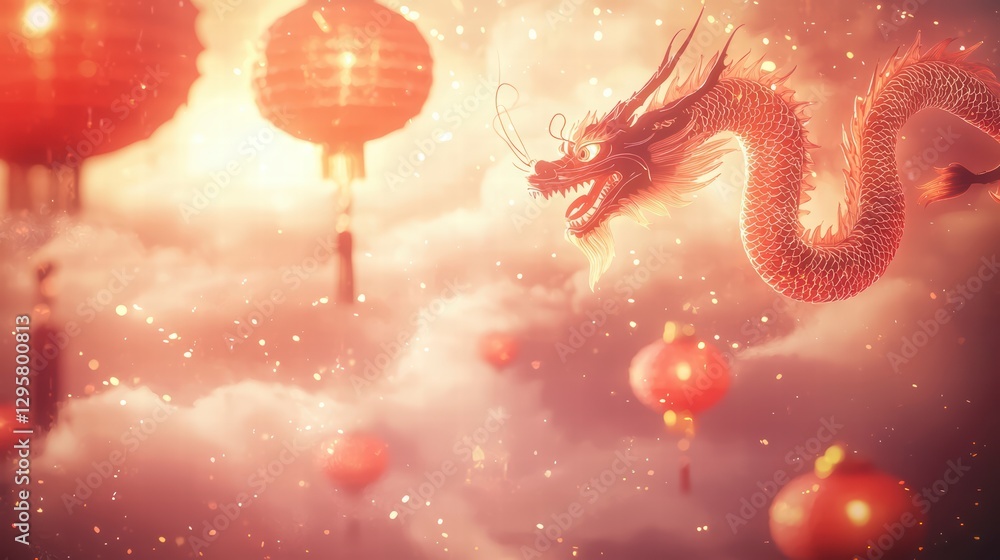 Poster dragon and lanterns in the sky: a majestic dragon soars gracefully through a sky adorned with vibran