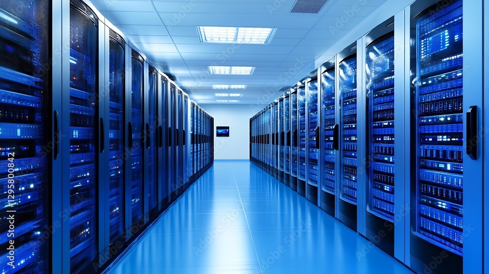Poster High-Tech Data Center with Rows of Server Racks and Blue Lighting : Generative AI