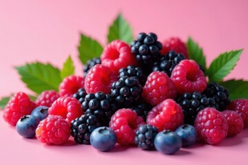 A vibrant mix of ripe raspberries, blackberries, and blueberries, nestled amongst fresh green leaves, creates a delightful and healthy-looking arrangement on a soft pink background.