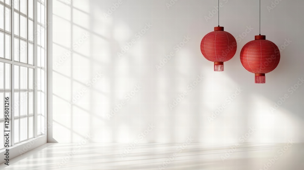 Poster lanterns in the light: two vibrant red lanterns hang elegantly in a spacious room, casting soft shad