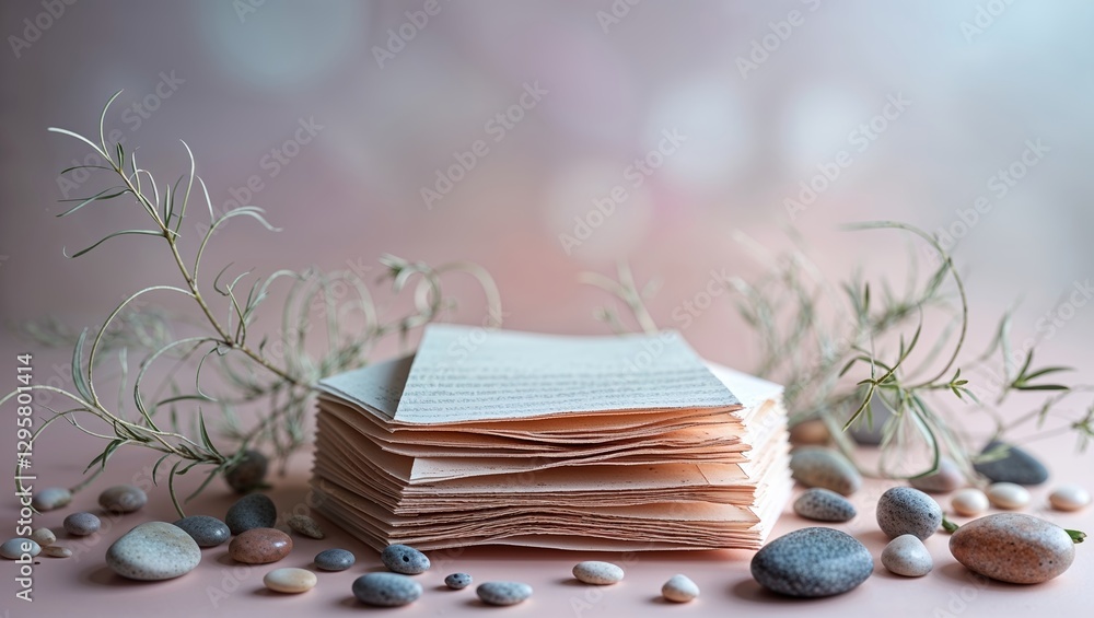 Poster papers arranged with small stones and greenery create a tranquil composition in soft light
