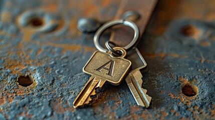 Close-up of vintage keys resting on a rustic, textured surface with a warm, earthy color palette.