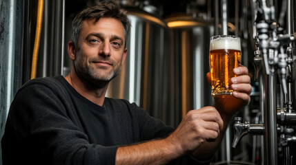 Brewer showing a glass of beer in the brewery