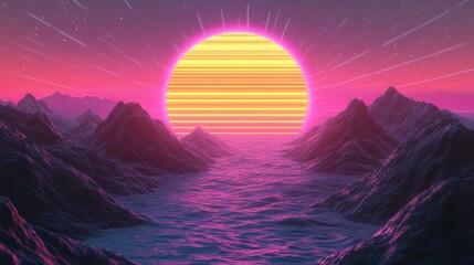 80s style striped sun setting over a synthwave landscape, sunset, sunrise, 80s, retro, vintage, arcade game, synthwave, neon