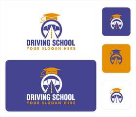 driving school logo vector illustration template with steering and road icon flat design