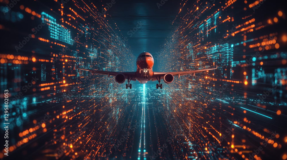 Poster airplane flying through illuminated data streams, representing a global logistics network, advanced 