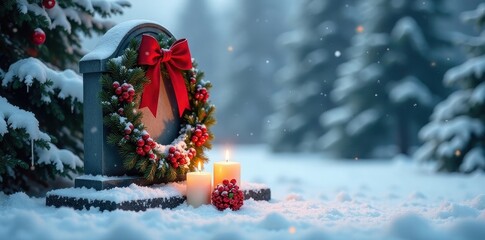 A winter scene featuring a snow-covered headstone adorned with a festive evergreen wreath and a large red bow, complemented by softly glowing candles in the tranquil snowy landscape.
