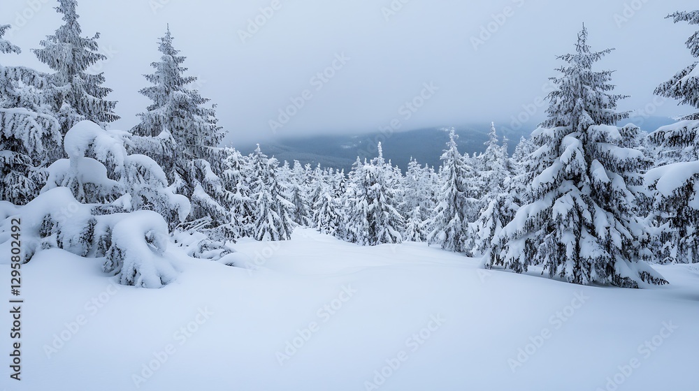 Poster snowy winter landscape with evergreen trees blanketed in fresh snow under cloudy sky : generative ai