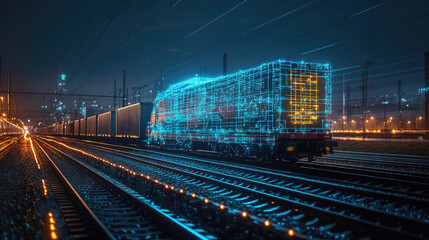 Obraz premium Holographic representation of a global logistics network on a train, railway, highlighting advanced transportation technology and worldwide cargo connections. banner, mock up, copy space