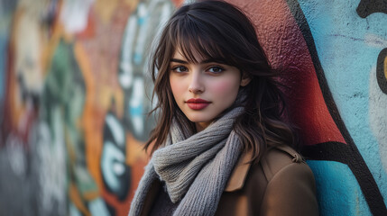 Naklejka premium Trendy brunette woman wearing a fashionable brown coat posing confidently against a vibrant graffiti wall, urban street fashion portrait with bold colors and artistic background aesthetics