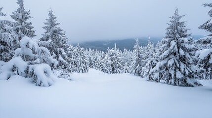 Naklejka premium Snowy winter landscape with evergreen trees blanketed in fresh snow under cloudy sky : Generative AI