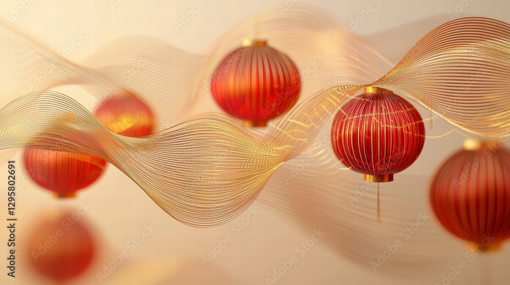 Aufkleber golden lanterns: a mesmerizing artistic rendering of glowing red lanterns, intertwined with elegant 