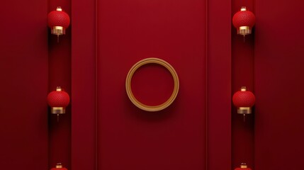 Festive Red Door: A captivating close-up captures a striking red door, adorned with golden accents and lanterns, embodying cultural richness and auspiciousness.