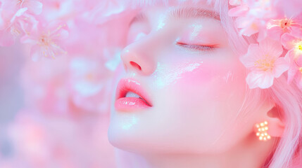 Naklejka premium Ethereal Portrait of Young Woman Surrounded by Pink Blossoms