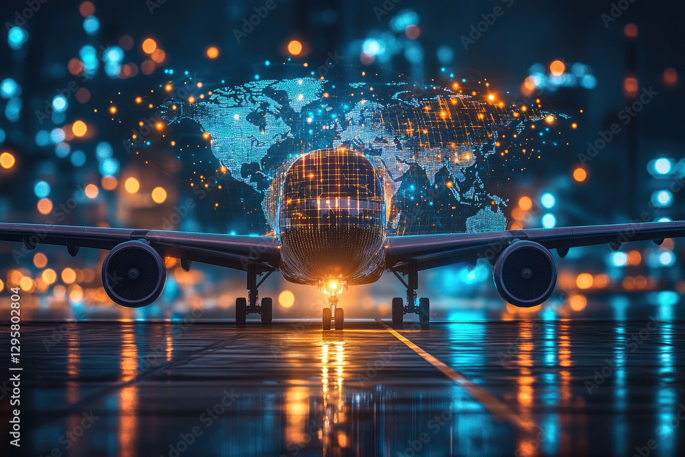 Poster airplane flying through illuminated data streams, representing a global logistics network, advanced 