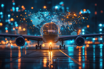 Airplane flying through illuminated data streams, representing a global logistics network, advanced transportation, and international trade connectivity. banner,, copy space, mock up