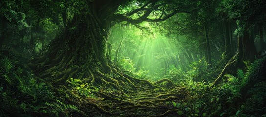 Obraz premium Lush Jungle Path, Sunlight Beams Through Canopy