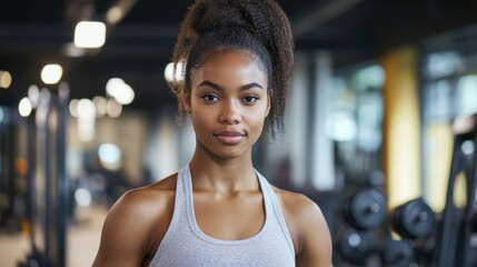 Fototapeta premium Confident Young Woman in Athletic Wear Posing in a Modern Gym Space with Weights in the Background and Soft Lighting for Fitness and Wellness Themes