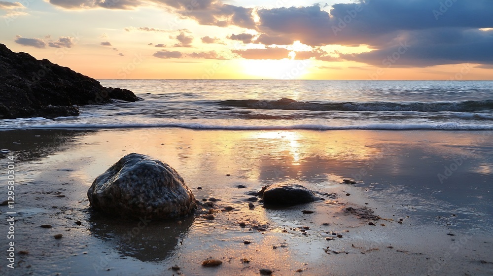 Poster glittering rocks on wet beach at sunset with gentle waves : generative ai