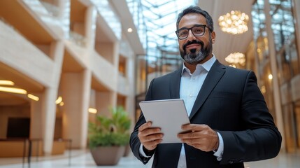 Fototapeta premium Professional Businessman Posing with a Tablet in a Modern Office Building Lobby, A depiction of Success, Innovation, and Technology Capturing the essence of modern business lifestyle, showcasing a