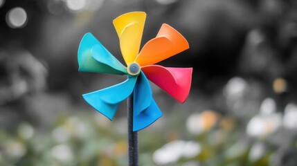 Colorful Windmill Toy Spinning in a Garden with Blurred Background and Flower Blooms in Soft Focus