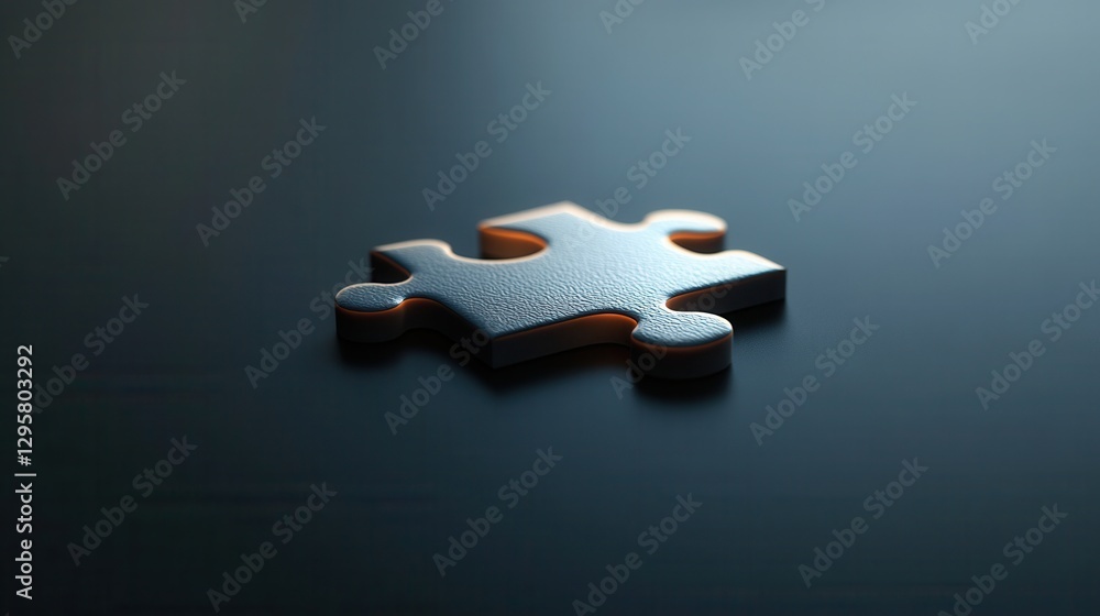 Poster close-up view of a single puzzle piece with textured surface sitting on a dark table, illuminated fr