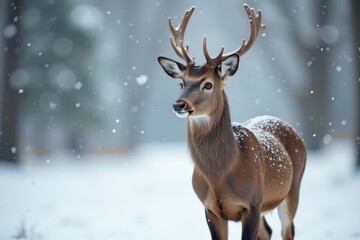 A Majestic Deer in a Winter Wonderland, Snowflakes Gently Falling on its Antlers and Coat