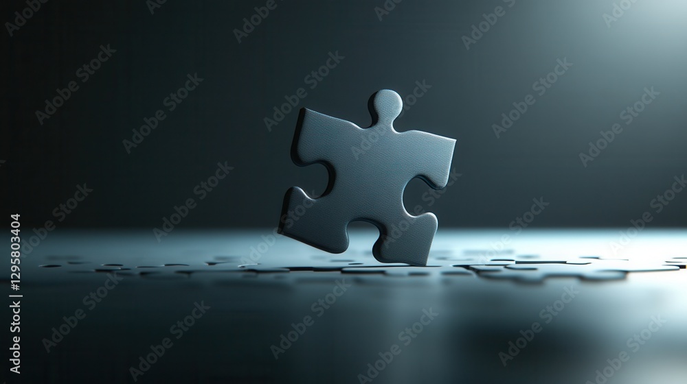 Poster single puzzle piece standing alone in soft light on dark surface with surrounding puzzle pieces repr