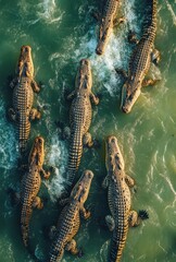 Aerial View of Group of Crocodiles Swimming in Murky Green Water with Clear Ripples and Sunlight Reflections Creating Dynamic Patterns