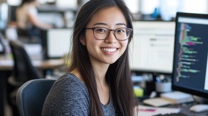 Young Woman with Glasses Smiling at Desk in Modern Office, Code on Screen, Professional Environment with Natural Light and Tech Equipment Present
