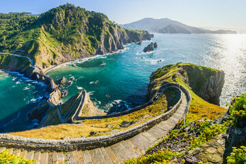 Panoramic view of stairs in San juan de Gaztelugatxe. Basque Country