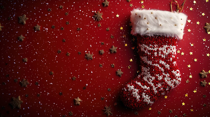 Festive red stocking adorned with stars and gold accents against a vibrant holiday backdrop. Generative AI