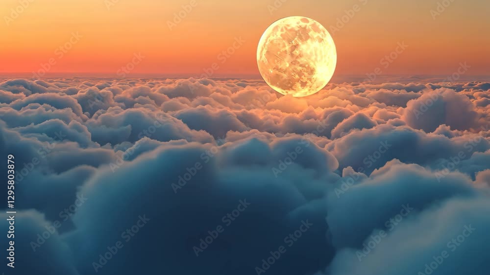 Poster Full moon rises above clouds at dusk creating a mesmerizing celestial display, Detailed full moon rising above clouds close up pov