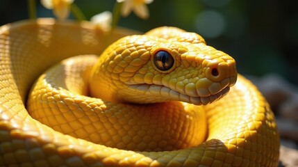 Fototapeta premium A Vibrant Yellow Snake Coiled in Nature's Embrace, Basking in Sunlight Near Delicate Blossoms