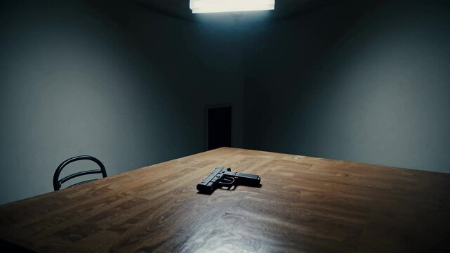 A dimly lit interrogation room features a wooden table with a handgun resting on it. The mood is tense and anticipatory, highlighting a suspenseful scenario.