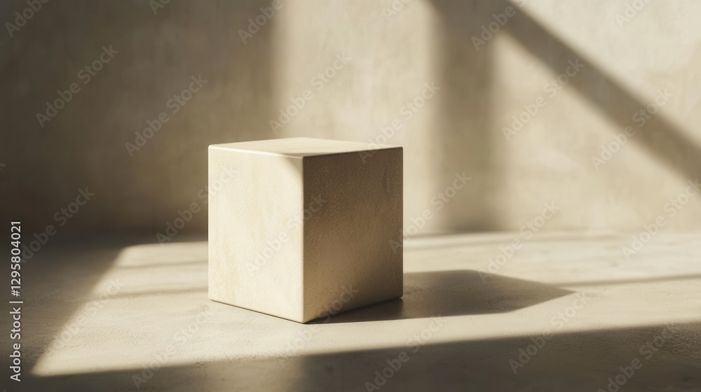 Poster minimalist concrete cube sculpture on a smooth floor with soft light and shadows creating an artisti