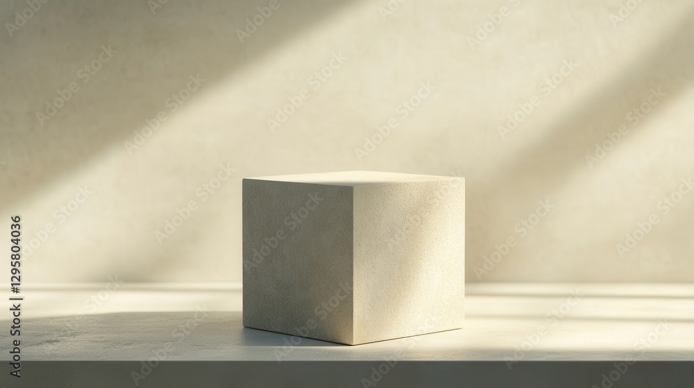 Poster minimalist perspective of a light beige cube on a softly lit surface with subtle shadows in a serene