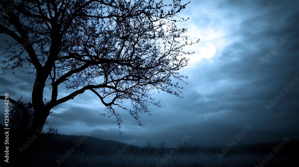 Poster hauntingly beautiful silhouette of a tree under moonlit sky in a moody landscape : generative ai