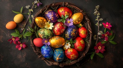 Vibrant eggs nestled in a floral basket, embracing the joyous spirit of easter celebrations