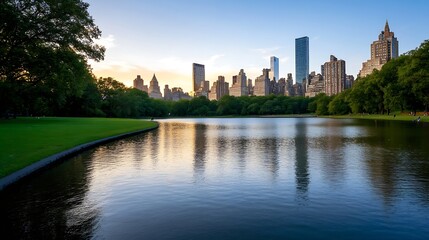 Naklejka premium Park view of skyline at sunset reflections on tranquil lake surface : Generative AI