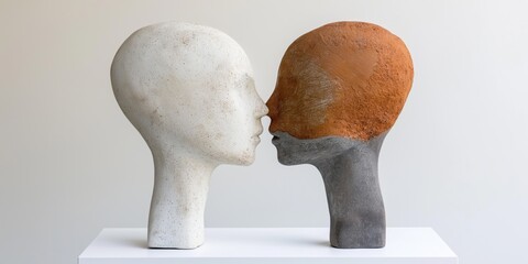Two heads, one white and one brown, are kissing. The heads are made of clay and are placed on a white table. Concept of intimacy and connection between the two figures