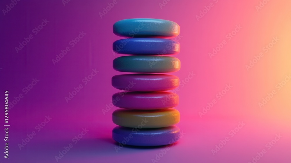 Poster colorful stack of geometric discs on a vibrant background with a soft gradient and artistic lighting