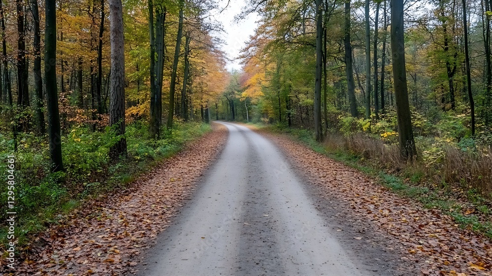 Aufkleber autumn scene of serene dirt road surrounded by trees with fallen leaves in a tranquil forest : gener