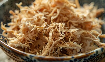 Detailed Dried Shredded Pork in Bowl, Soft Tangled Fibers and Crisp Fluffy Textures