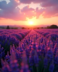 Fototapeta premium Sunset Lavender Field: Purple Flowers at Golden Hour