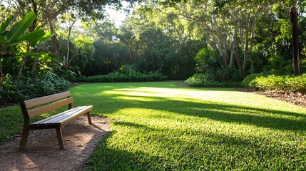 Serene Park Scene with Wooden Bench and Lush Green Landscape : Generative AI