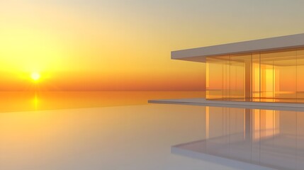 Modern glass house reflecting sunset over calm water, showcasing serene evening ambiance