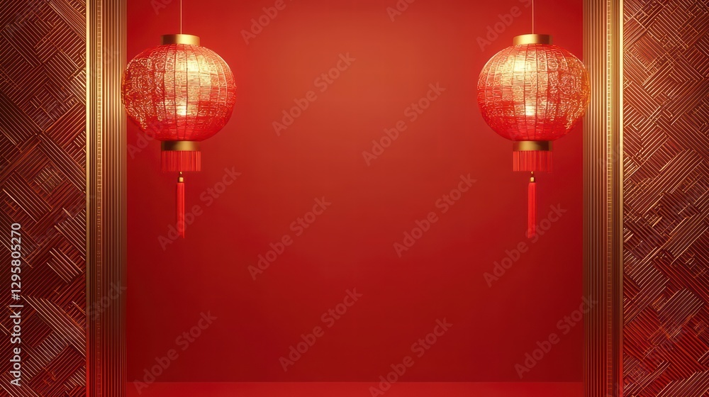 Poster red lanterns festive backdrop:two classic chinese red lanterns hang elegantly within a deep red spac